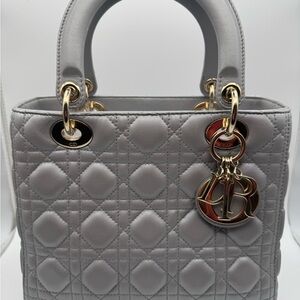 Authentic Dior Metallic Grey Quilted Leather Lady Bag with Gold Hardware